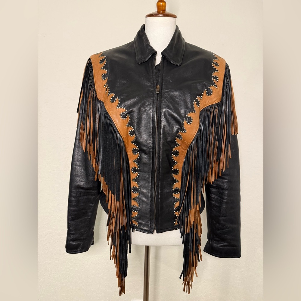 Leather Gallery Black and Brown Fringe Leather Jacket